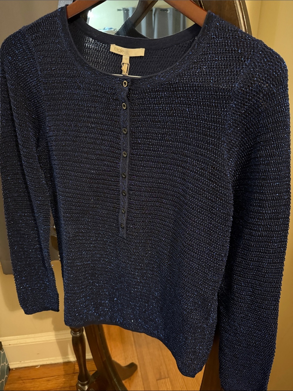 NWT Maje Navy Metallic Knit Henley Sweater Size 3 $260